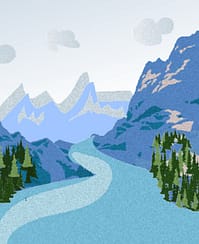 Scenic river and mountains, representing the world of design, creativity, and innovation at DATA, influencing economics, society, and experience.