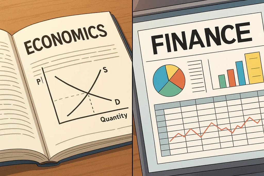Economics vs Finance:Powerful Paths to Success 2025 1 A split image showing an economics textbook with a graph and a finance spreadsheet with charts, symbolizing the difference between an economics degree and a finance degree.
