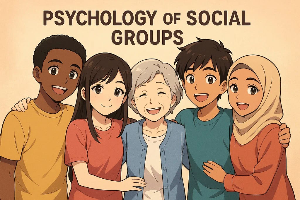 A diverse group of people from different backgrounds stand together, smiling and connected, symbolizing the psychology of social groups and the importance of belonging.