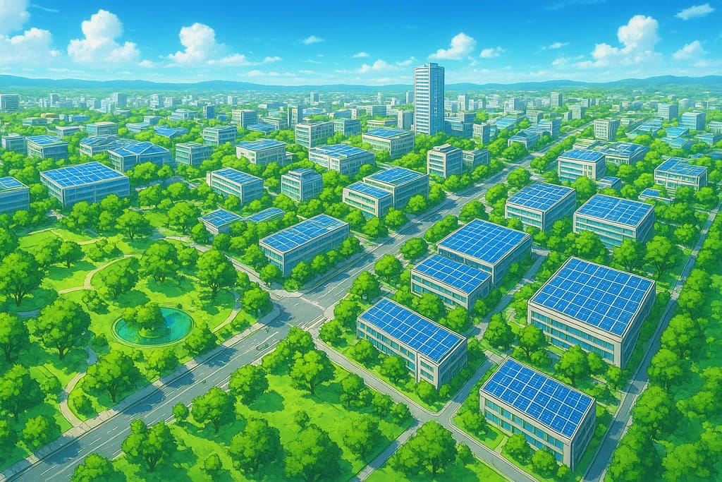 An aerial view of a vibrant, green, and modern city with solar panels and lush parks, showcasing the positive outcome of Regenerative rent.
