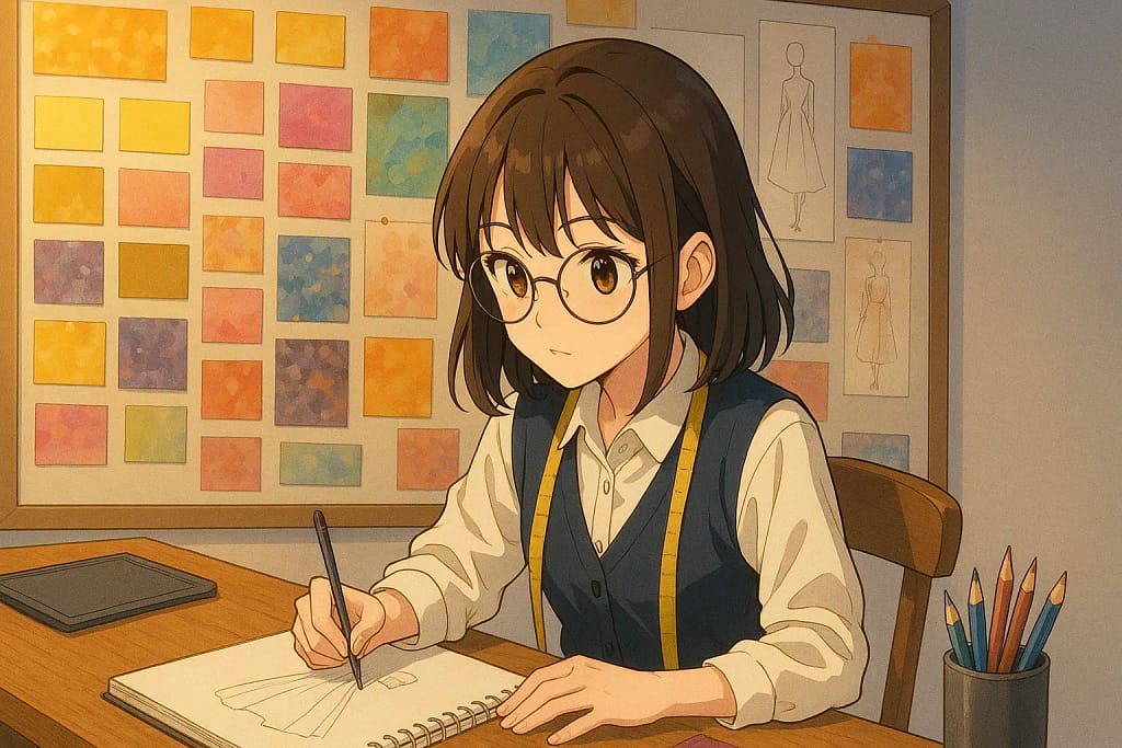 Unlocking Your Design: 3 Secrets to a Brilliant Clothing Brand Design 1 A visionary fashion designer meticulously sketches a new collection, surrounded by a vibrant mood board filled with fabric swatches, color palettes, and inspiration images. The atmosphere is alive with creativity, showing the essence of the brand design process.