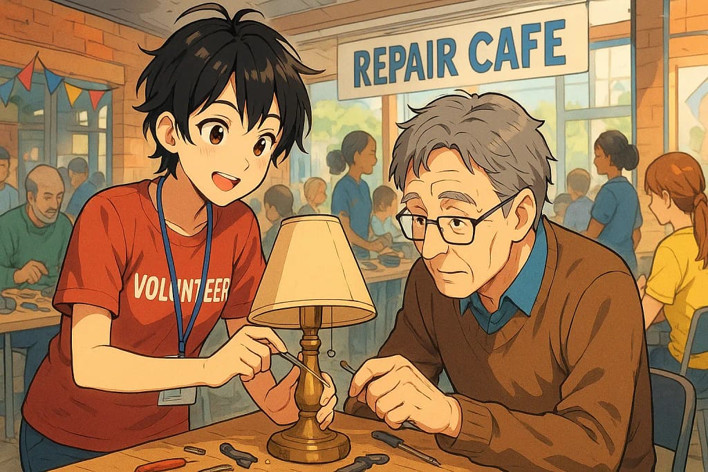 A vibrant image showing a volunteer helping a visitor fix a broken lamp at a bustling Repair Cafes in England, highlighting the community aspect of the event.