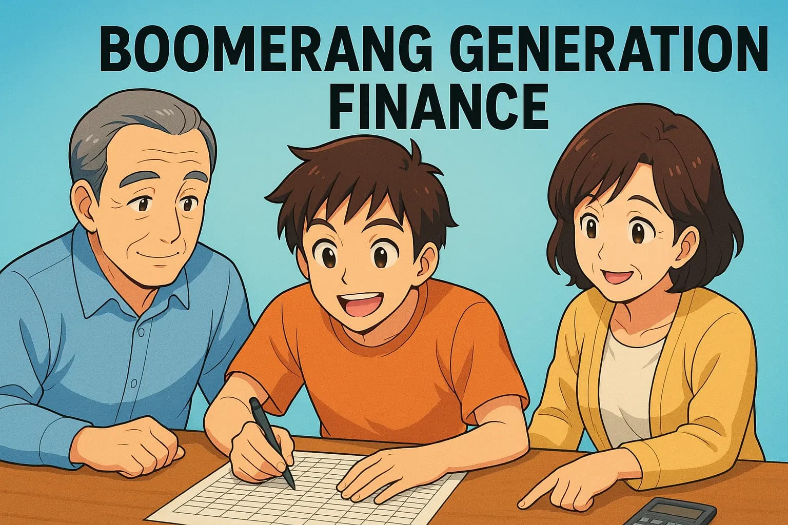 Boomerang Generation Finance: 5 Steps to Success 3 A vibrant, stylized illustration of a modern multigenerational family, featuring a young adult and their parents collaborating over a financial spreadsheet, with text overlay: Boomerang Generation Finance.