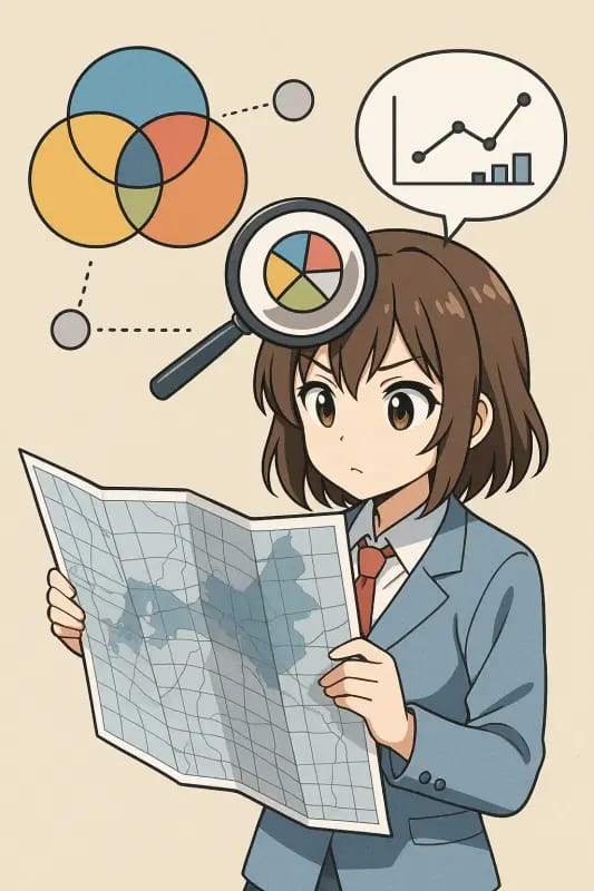 Master Triangulation Social Research Secrets 2025 4 An animated character in a business suit examines a map while holding a magnifying glass. Above, there are visual elements like a pie chart and a graph, symbolizing data analysis and research.image for triangulation social research method