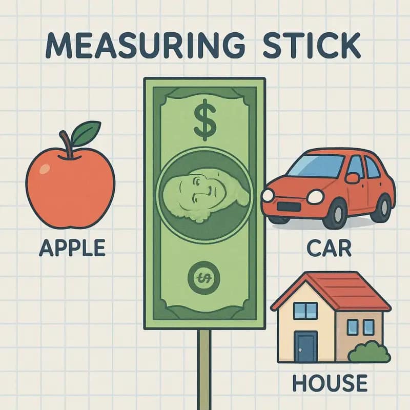 Unit of Account: 7 Powerful Ways Money Brings Clarity 4 A simple infographic showing money acting as a measuring stick, with various products (apple, car, house) being measured against dollar bills to demonstrate the unit of account function