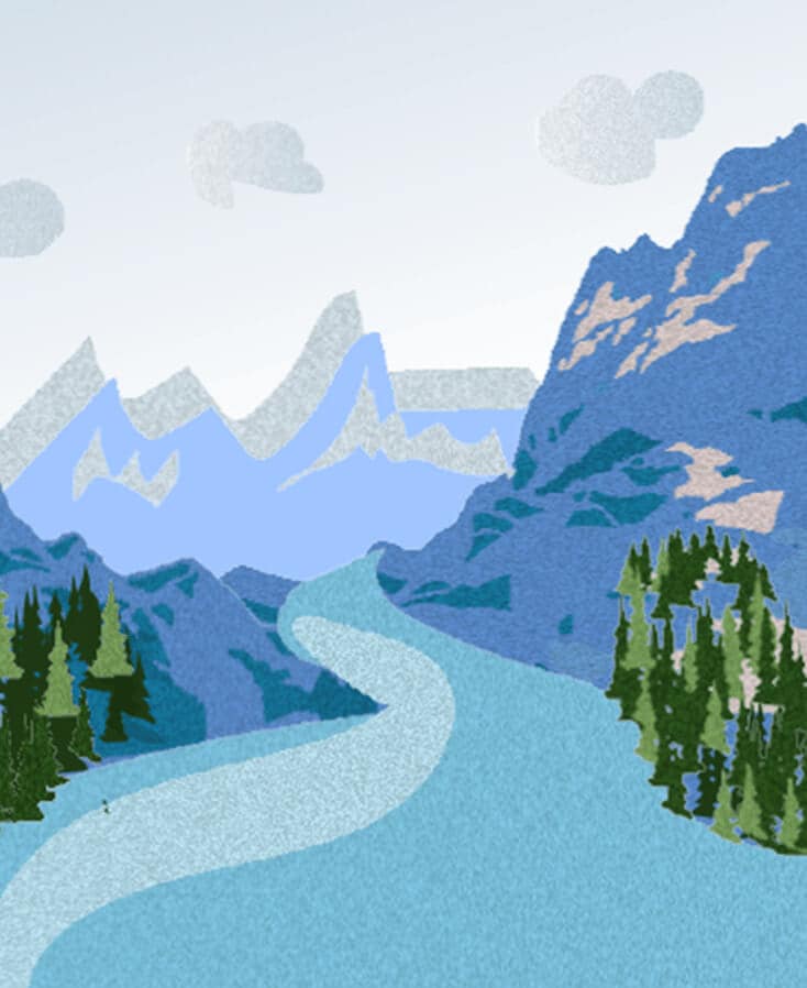 Scenic river and mountains, representing the world of design, creativity, and innovation at DATA, influencing economics, society, and experience.