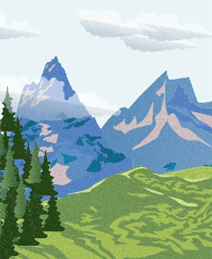 Majestic mountains and greenery, depicting engaging ideas on society, culture, and change at DATA, exploring economics, design, and human connection.