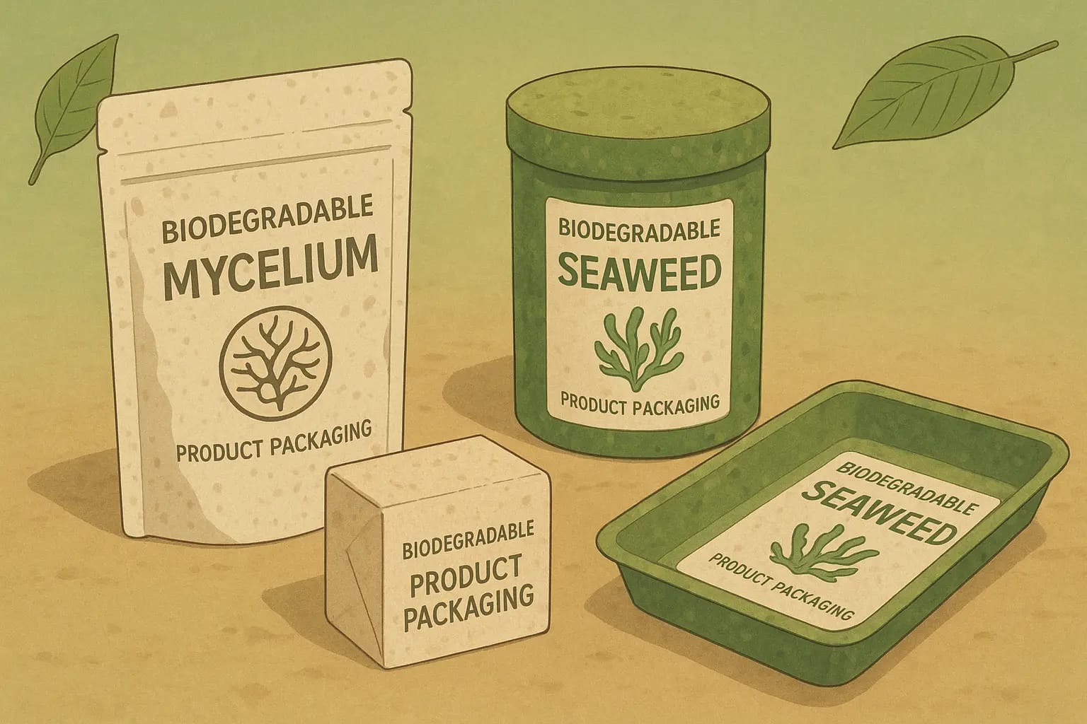 Biodegradable product packaging design samples made from mycelium and seaweed materials displayed on eco-friendly background